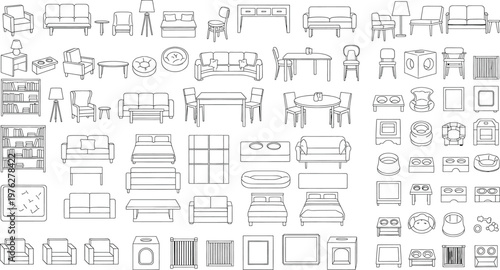 Seamless pattern of hand drawn furniture top views isolated on transparent background