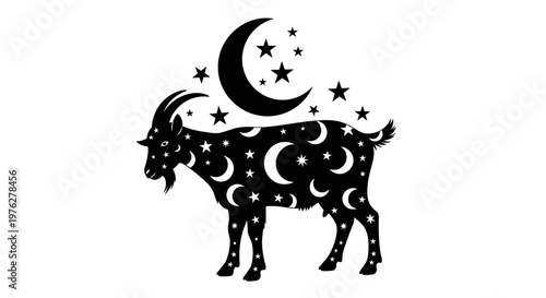 Stylized goat silhouette adorned with stars and crescent moons on black background