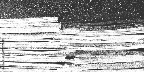Black and white abstract textured background with horizontal lines and scattered dots resembling stars or snow