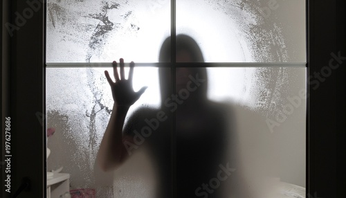 Suspicious Figure Shadow Behind Frosted Glass Intruder Concept