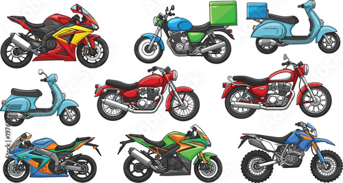 Motorcycle and Scooter Collection Vector Set with Different Bike Types Sport Classic Delivery and Off Road Vehicles