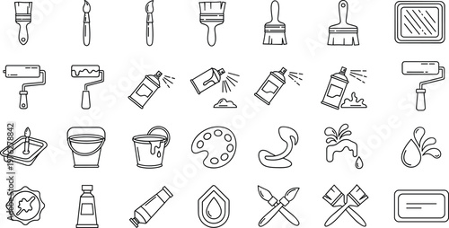 Painting and Art Tools Icon Set with Brushes, Rollers, Palettes, and Paint Containers for Artists, Decorators, and Digital Media Designs