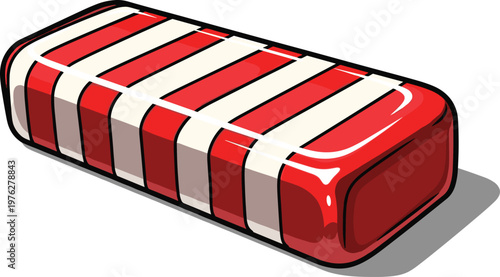 Red and white striped rectangular candy or eraser with glossy highlights and shadow on checkered background.