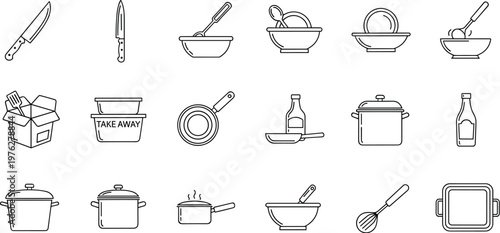 Kitchenware and Cooking Icon Set with Knives, Bowls, Pots, and Utensils for Cooking, Food Preparation, and Digital Media Designs