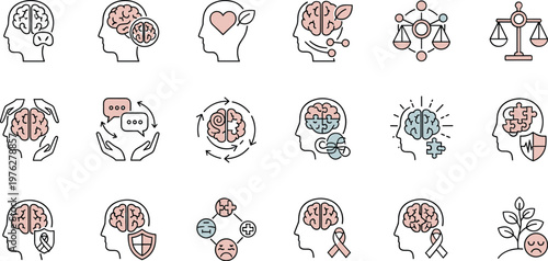 Mental Health and Wellness Icon Set with Brain, Emotions, Therapy, and Balance Illustrations for Healthcare, Psychology, and Digital Media Designs
