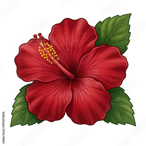 Vibrant red hibiscus flower with green leaves and yellow stamen isolated on a white background