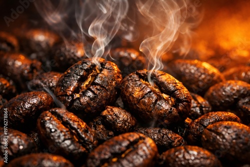 Dark roasted coffee beans are cracking and releasing smoky steam, showing the intense heat and aroma of the roasting process, ideal for showcasing freshness and flavor
