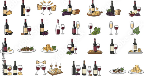 Wine and Cheese Pairing Icon Set with Bottles, Glasses, Grapes, and Food Platters for Dining, Events, and Digital Media Designs