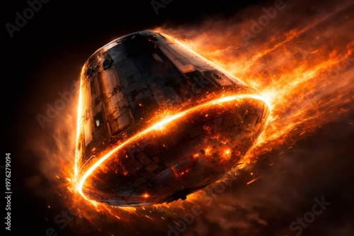 Cargo capsule streaks through Earth's atmosphere at hypersonic speed, heat shield ablaze with plasma and fire as it endures intense friction during re entry mission
