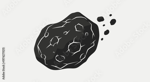 Stylized illustration of a dark asteroid against a clean white backdrop