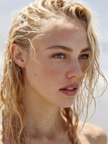 A young woman with wet blonde hair standing by the beach.