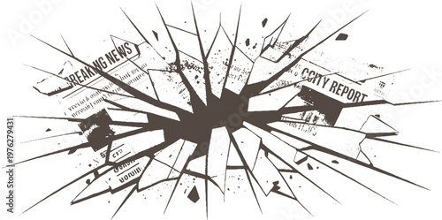 Dark brown abstract shattered newspaper with breaking news and city report headlines on white background