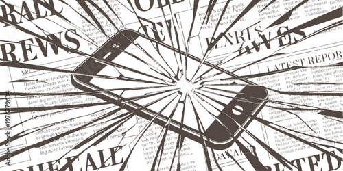 Shattered smartphone screen over newspaper headlines and text in a style broken cracked