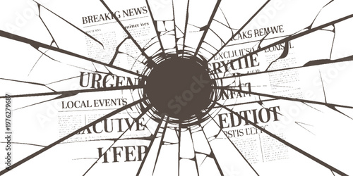Shattered newspaper with headlines like breaking news urgent local events and executive