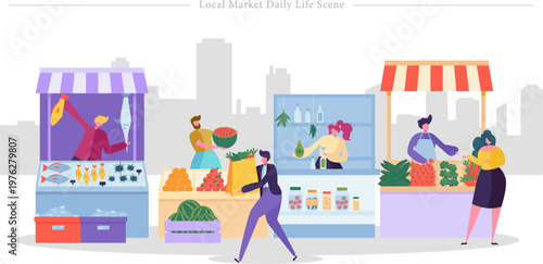 Local Market Daily Life Scene Flat Vector Bustling Outdoor Marketplace Community Illustration