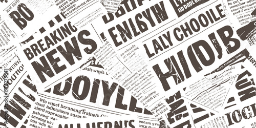 Overlapping newspaper pages with bold headlines and small print in brown and white text