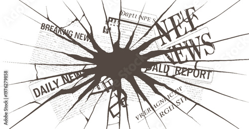 Dark ink splatters across breaking news headlines on crumpled newspaper pages