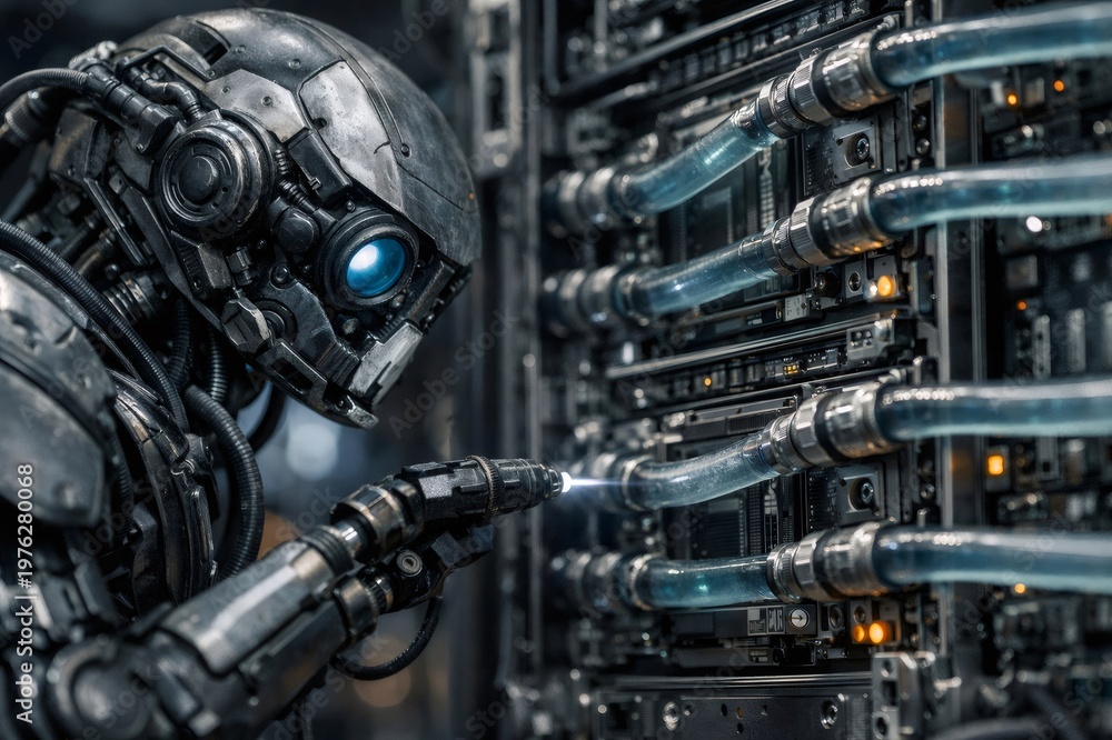 Fototapeta premium Robot technician performing intricate maintenance on a powerful liquid cooled server rack, ensuring optimal data processing and system functionality in a modern computing environment