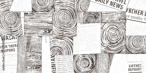Collage of wood grain textures and newspaper clippings with dark brown and white tones