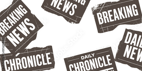 Torn newspaper fragments with breaking news and daily chronicle headlines in white on brown