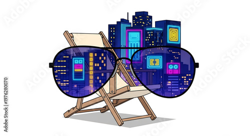 A vector graphic illustration of a pair of futuristic sunglasses sitting on a deck chair with a city skyline in the background