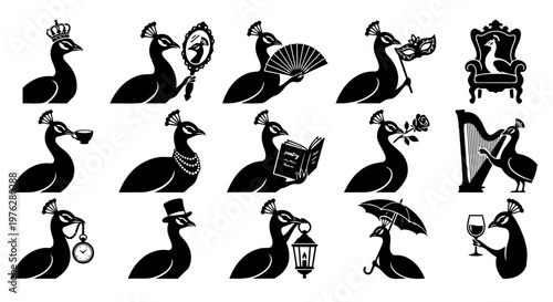 A collection of elegant black and white peacock silhouette illustrations depicting various sophisticated and anthropomorphic activities, perfect for luxury branding or whimsical design.