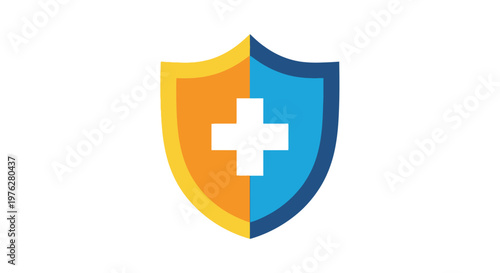 A colorful shield with a white cross symbolizing protection and medical care