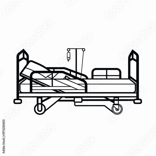 Black and white vector illustration of an adjustable hospital bed with a hanging IV drip bag