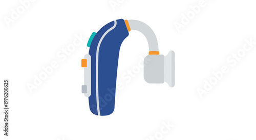 A blue and gray hearing aid device with orange accents on a white background