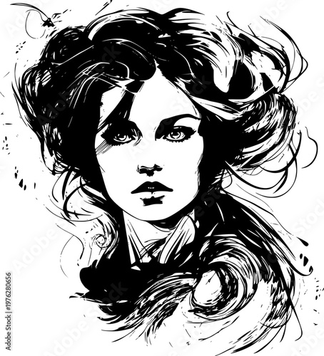 Ink drawing portrait of young woman with voluminous wavy hair glancing sideways mysteriously on white background