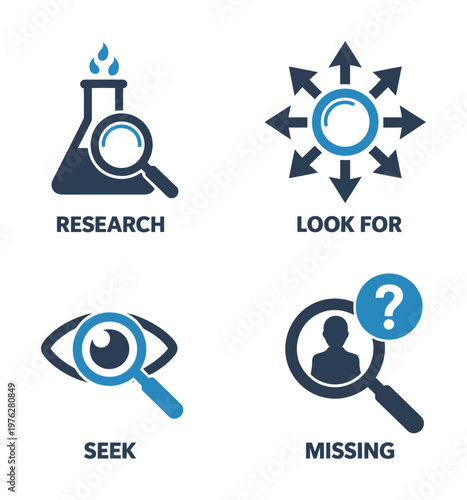 A vector image depicting four icons illustrating the process of research, analysis, and seeking missing information.