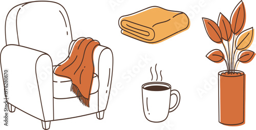 Cozy indoor relaxation setup with comfortable armchair and reading essentials Vector