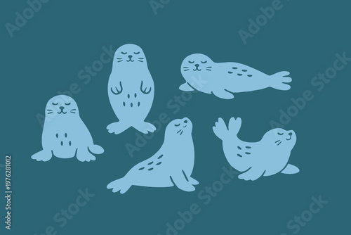 Seal set naive cartoon vector illustration
