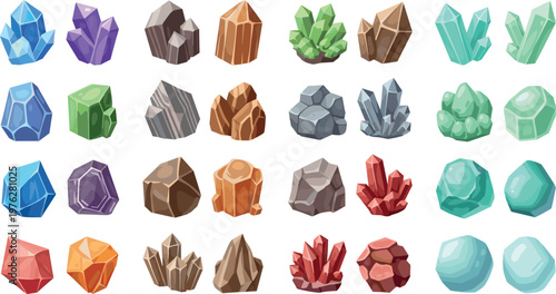 Colorful Crystals and Gemstones Set with Various Shapes and Colors for Jewelry, Decoration, and Nature Illustrations