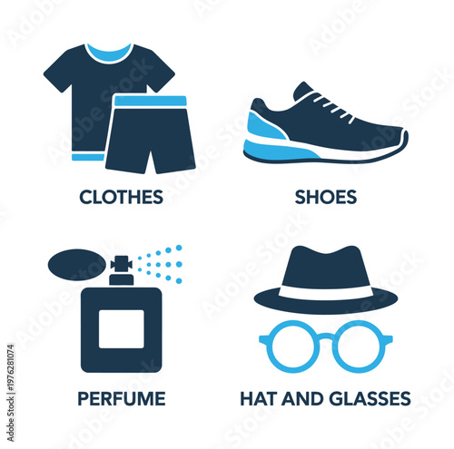 A vector illustration showing clothes, shoes, perfume, and accessories including a hat and glasses
