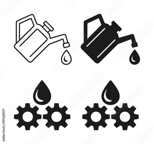 A vector image showing oil cans and gears with oil droplets in black and white
