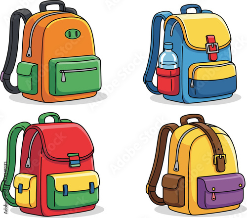 Set of backpacks for school travel and daily use in various colors and styles.