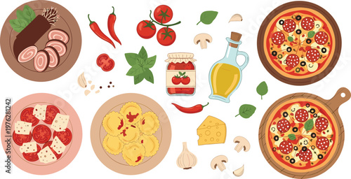 Italian Food Collection with Pizza, Ravioli, Caprese Salad, Olive Oil, and Fresh Ingredients for Restaurant Menu and Culinary Design Projects