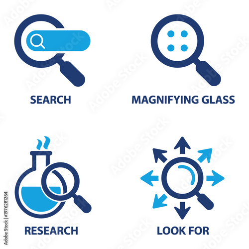 A vector illustration depicting search, magnifying glass, research, and looking for elements