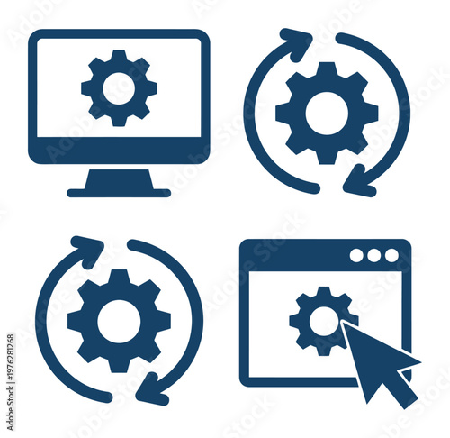 A vector graphic shows icons of a computer, browser, and gears symbolizing system updates and settings.
