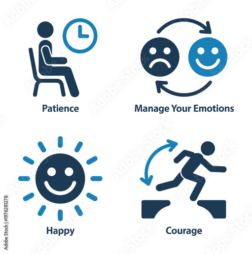 Mental strength icon set with patience emotion management happiness courage vector self development symbols