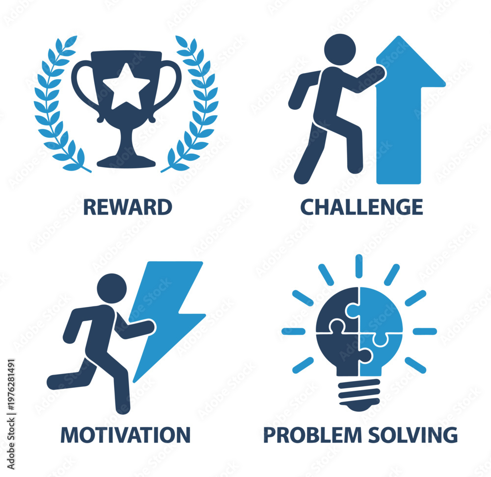 Fototapeta premium Vector image featuring four key elements: reward, challenge, motivation, and problem solving with icons