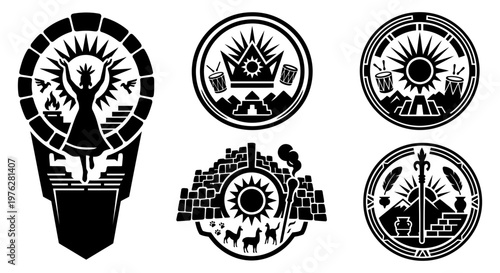 Andean llama landscape icon set with mountains sun and village