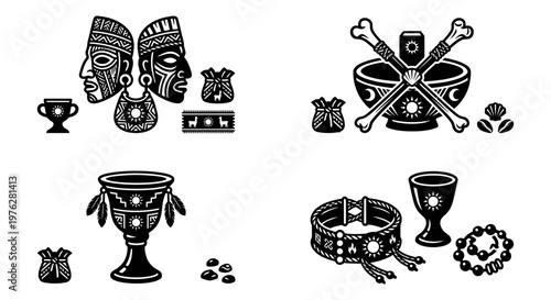 Andean ritual emblem set with sacred fire temple and sun