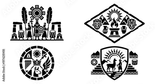 Ceremonial culture badge set with llama masks altar and shield