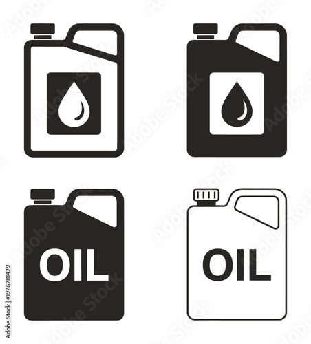 Vector illustration of four stylized oil canisters with drop symbol and text labeling