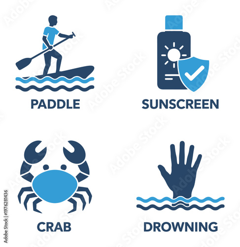 A vector illustration showing icons for paddling, sunscreen, a crab, and drowning warnings