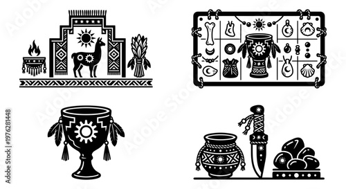 Ritual symbol icon set with drum crown pendant and sacred vase