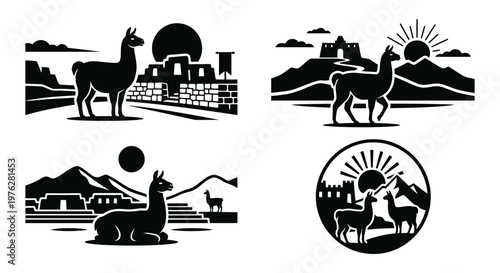 Sacred sun icon set with deity temple and ceremonial motifs