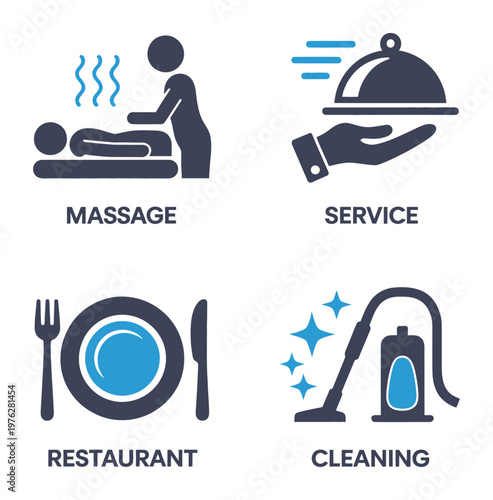 This vector illustration features four icons representing massage, service, restaurant, and cleaning.